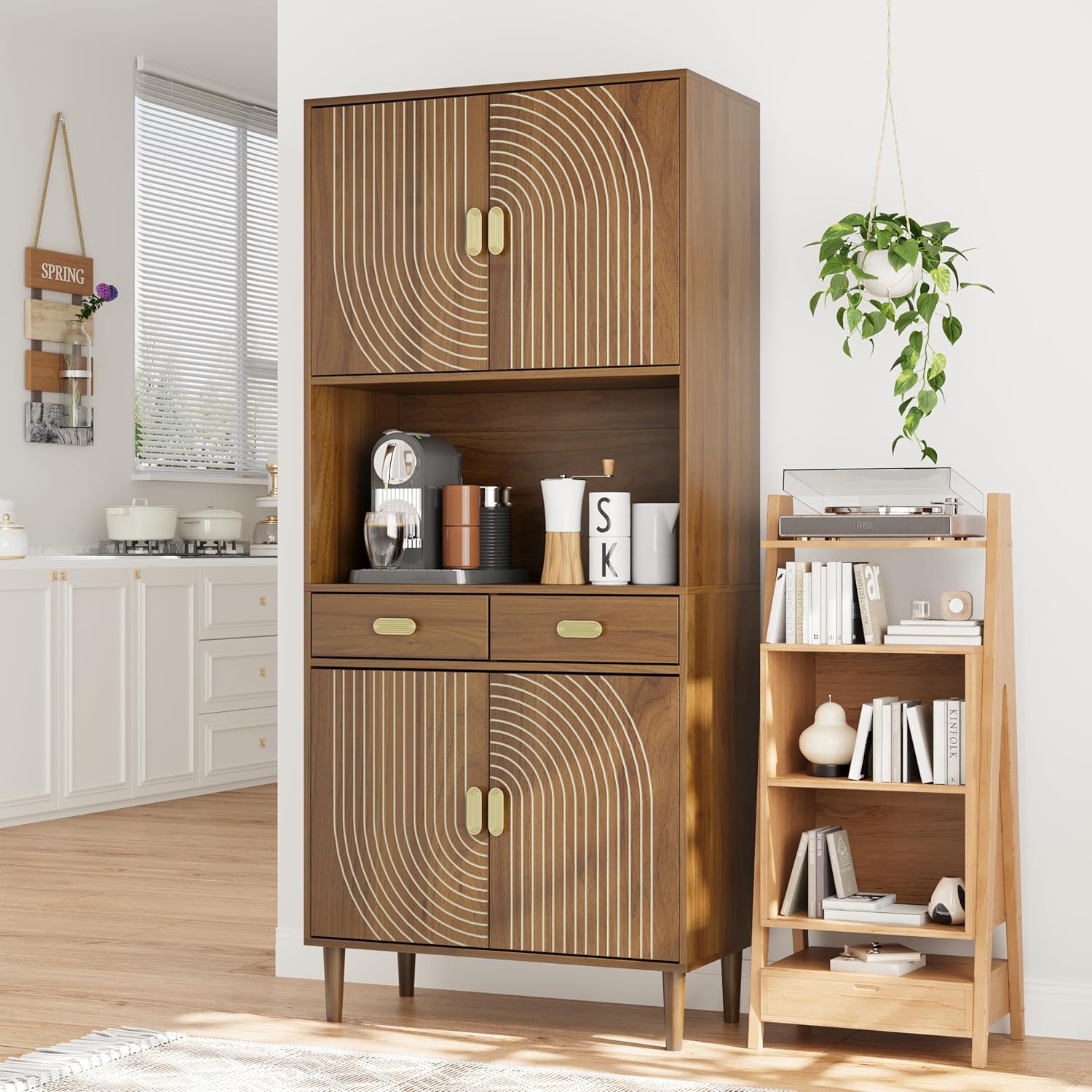 70.87" Tall Kitchen Pantry Cabinet with Line Grooved Doors & 4-Compartment Top, Storage Cupboard with 2 Drawers, Adjustable Shelves & Gold Handles for Dining Room, Bathroom, Walnut