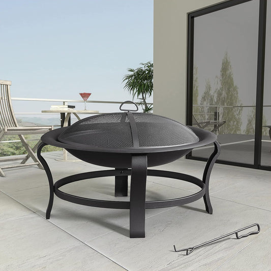 30 inch Steel Fire Pit Set, Wood Burning Pit - Includes Screen, Cover and Log Poker - Great for Outdoor and Patio, 30" Round Crossweave Firepit