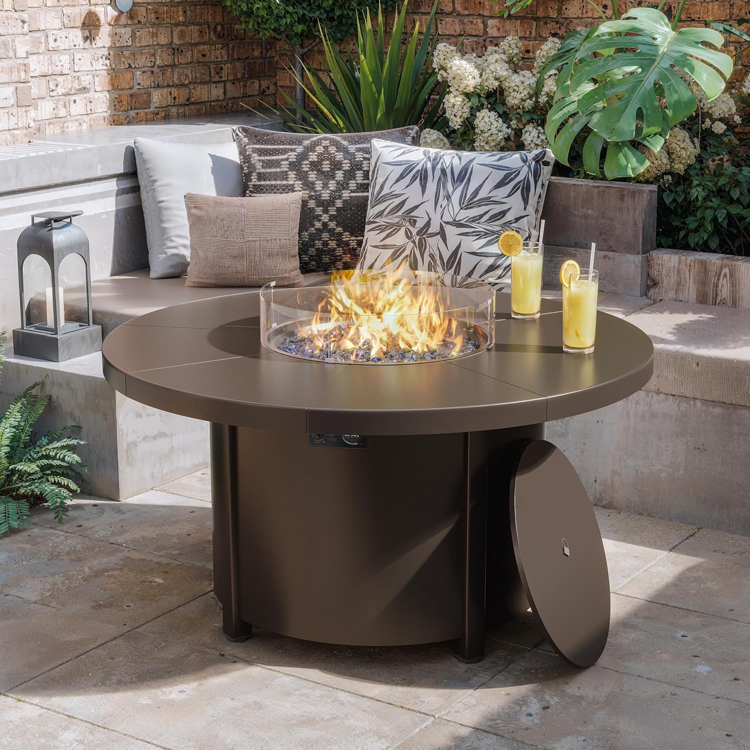 ALAULM Round Gas Fire Pit Table 48in, 40000 BTU Outdoor Propane Fire Pit with Round Metal Tabletop, Adjustable Flame,Windshield & CSA Certification for Outside Patio and Garden