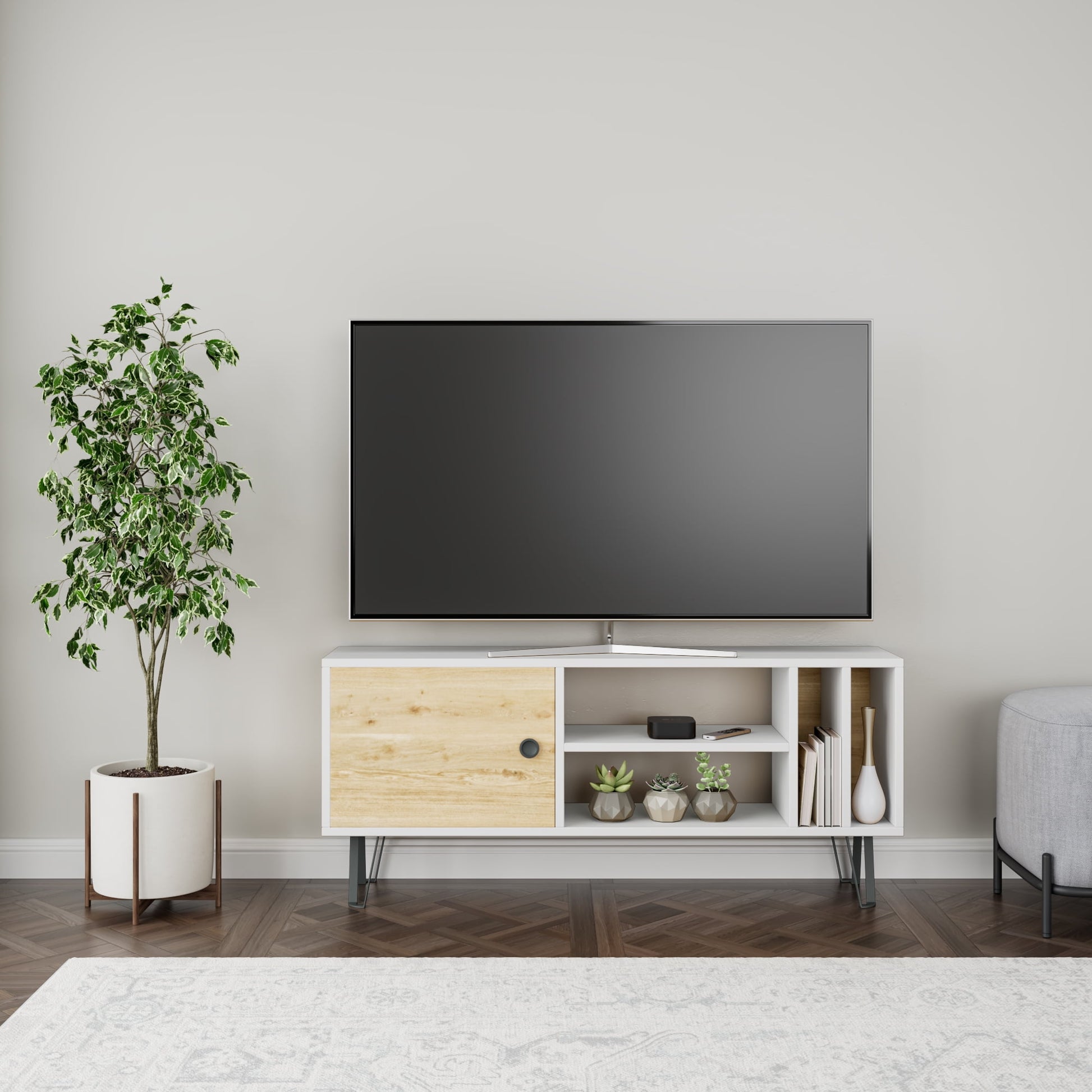 Ada Home Decor Furniture for TVs up to 53" 2 Tier White Oak Arven Modern TV Stand with Doors