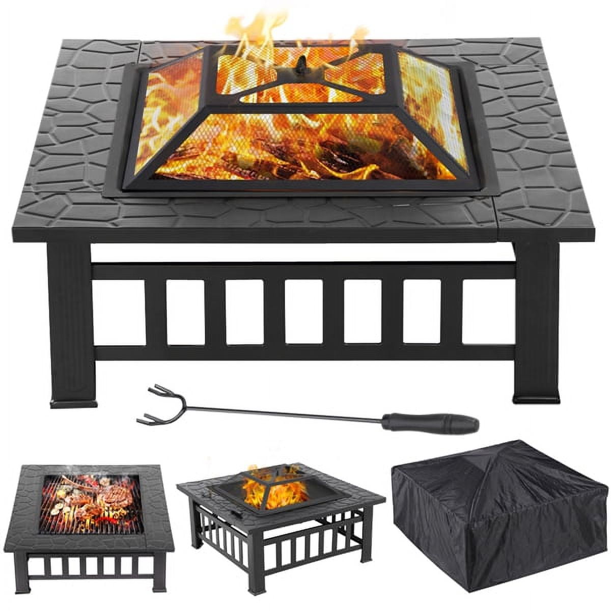 Alden Design Outdoor Metal 32" Square Fire Pit with Spark Screen, Poker, and Cover, Black
