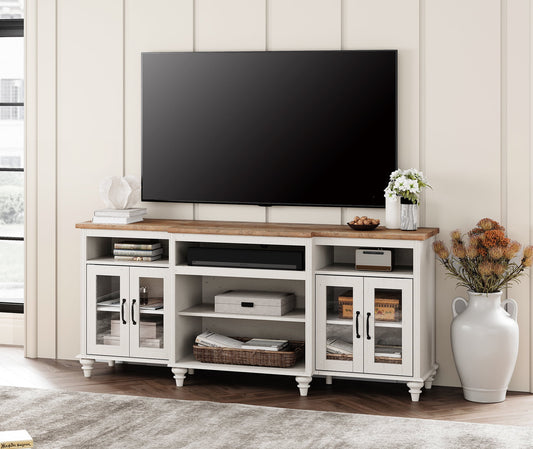 Antique White Farmhouse TV Stand with 4 Glass Doors for TVs up to 75", Highboy Entertainment Center with 9 Storage Compartments, 70" Wooden TV Console for Living Room or Bedroom