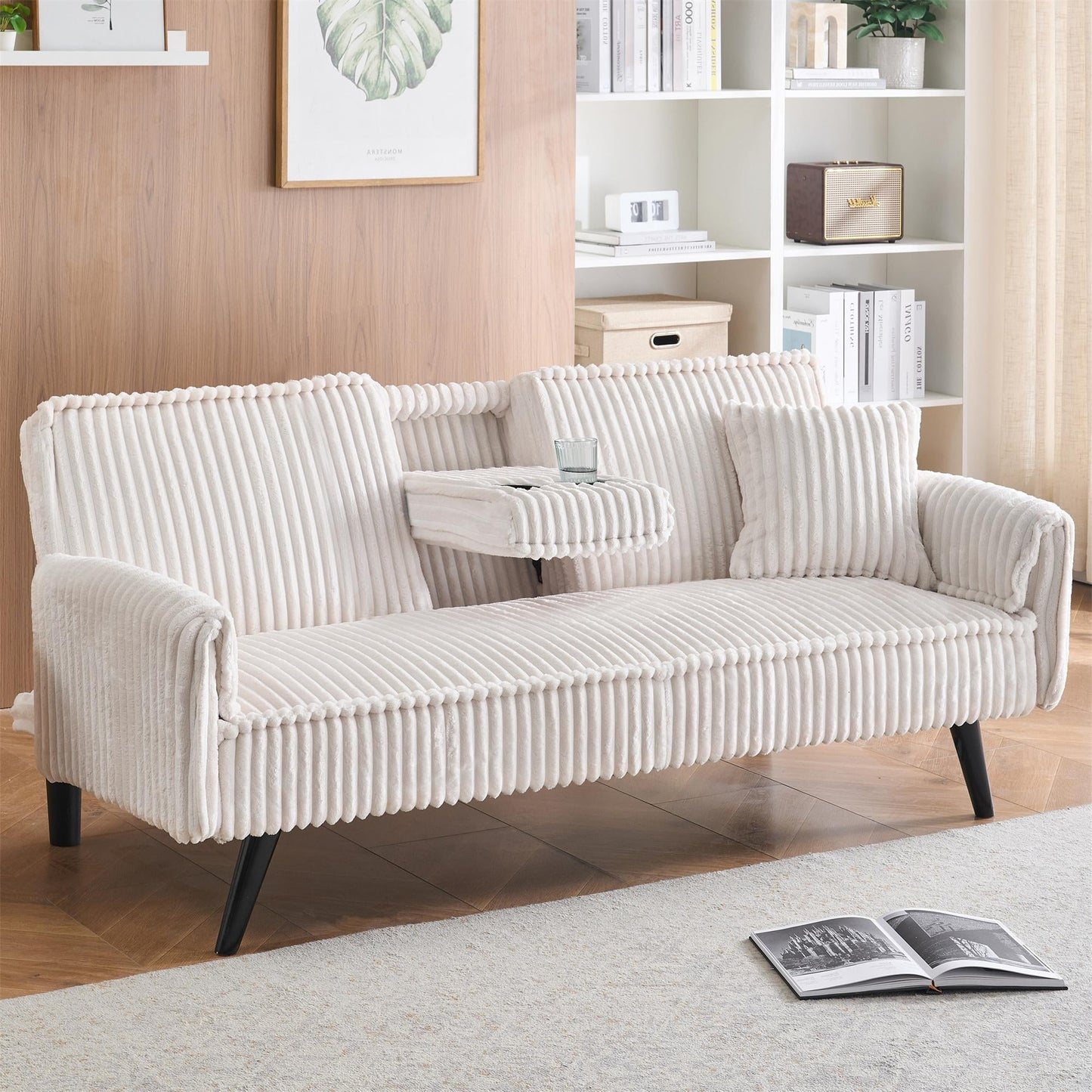 Aukfa Futon Convertible Sofa Bed, 2 Cup Holders& Pillow, Straight-line Tufted Corduroy, Black