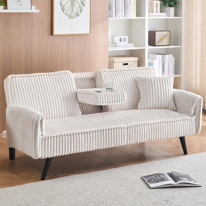 Aukfa Futon Convertible Sofa Bed, 2 Cup Holders& Pillow, Straight-line Tufted Corduroy, Black