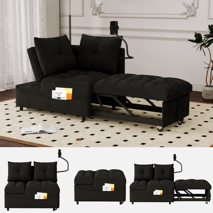 Aukfa Small Sleeper Sofa Bed with USB Charging, 5-in-1 Convertible Velvet Couch with Phone Pocket for Studio Apartment/Dormitory,Black