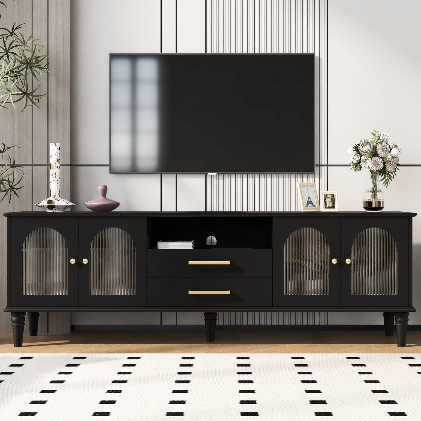 Aukfa TV Stand for TVs up to 75" with Fluted Glass Doors for Living Boom,Black