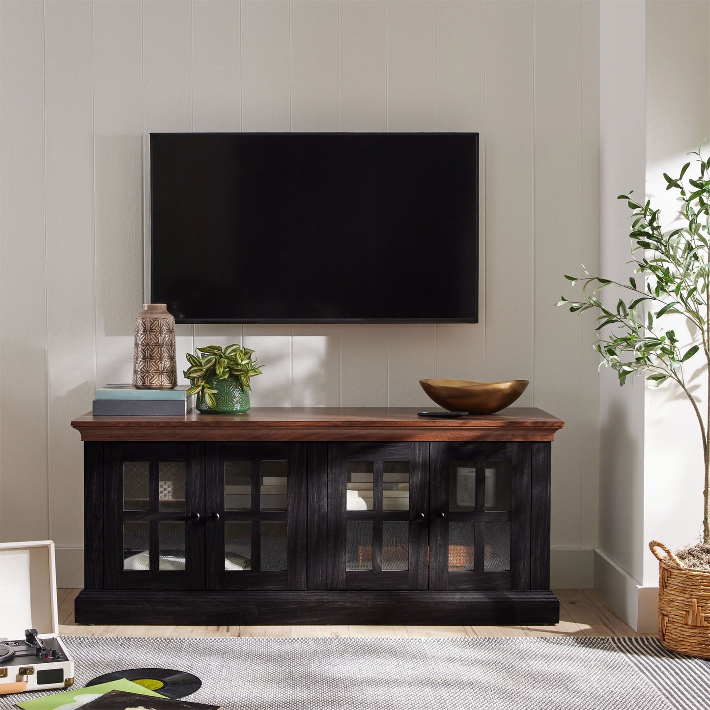 Better Homes & Gardens Canton 4- door TV Stand for TV’s up to 70”, White/Light Honey Finish