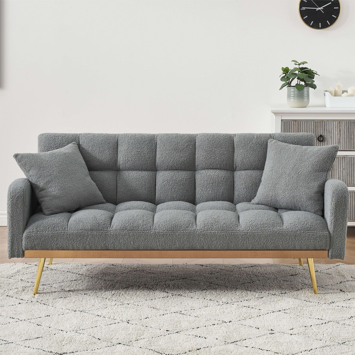 Bianlte Teddy Fleece Futon Sofa Bed Modern Wood Adjustable Reclining Couch with Pillows, Gray/Gold