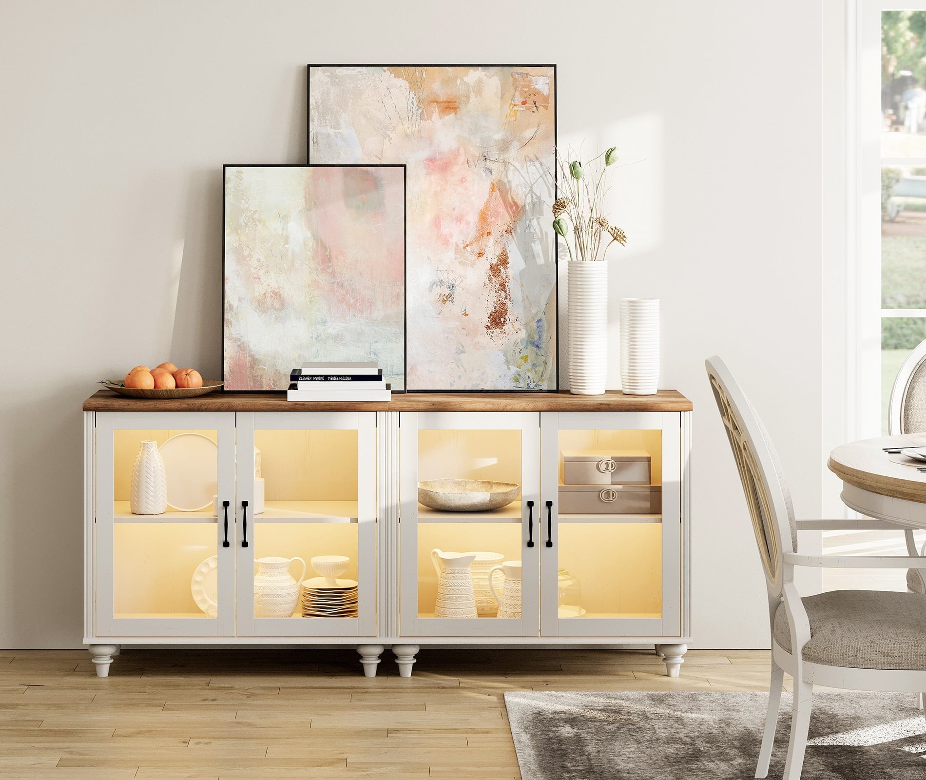 Buffet Cabinet with Storage, Kitchen Sideboard with Glass Door & Adjustable Shelf, Modern Glass Entryway Table or Living Room Dining Room, Off White