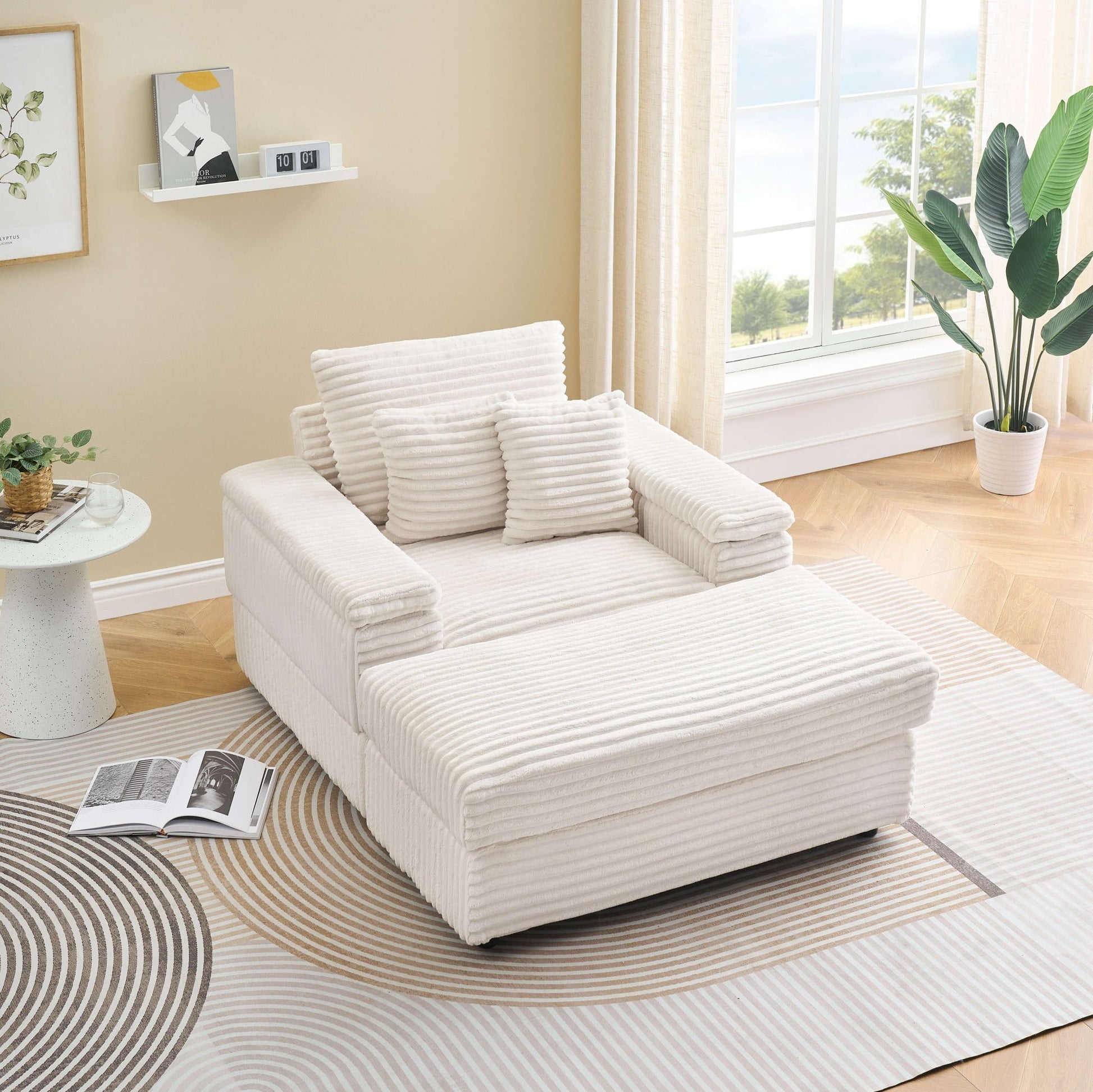 Chaise Lounge Chair Indoor,Upholstered Sofa Bed with Throw Pillows,Sleeper Chair for Living Room,Bedroom,White