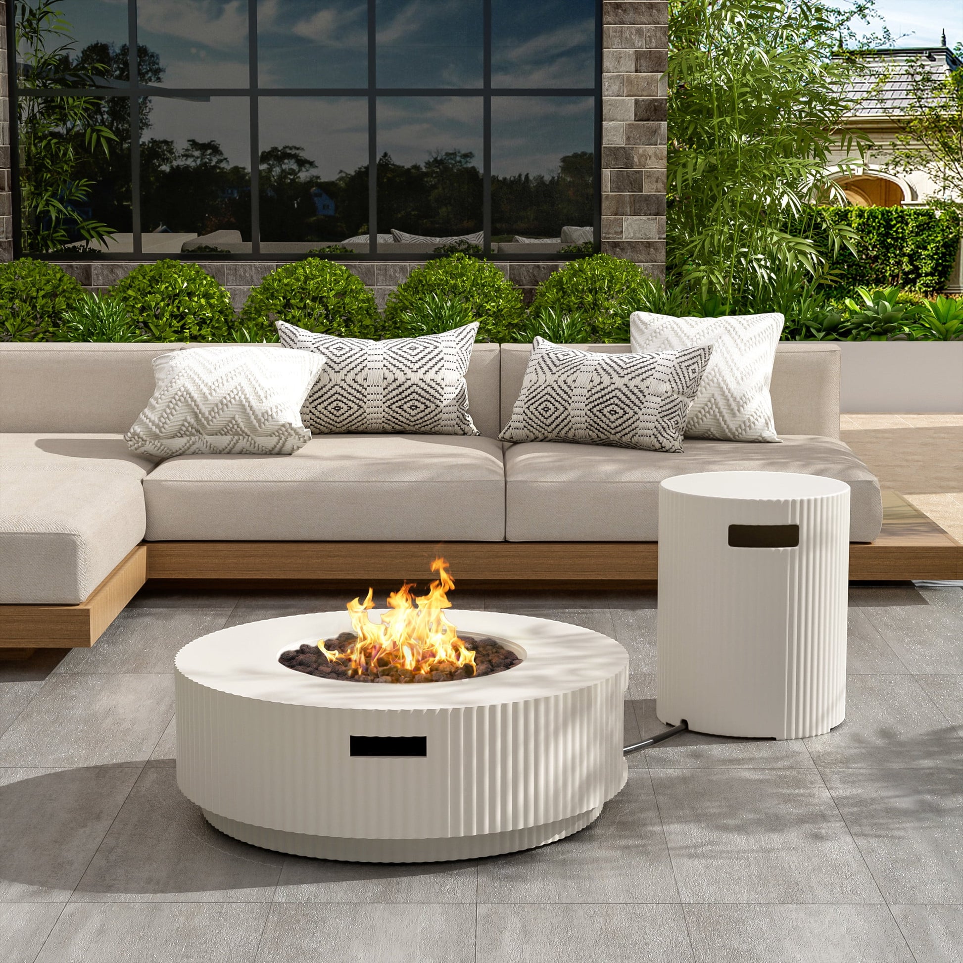 Christopher Knight Home 30" Patio MGO Propane Fire Pit Set, 40,000 BTU Ribbed Round Heater with Lid and Tank Cover, White