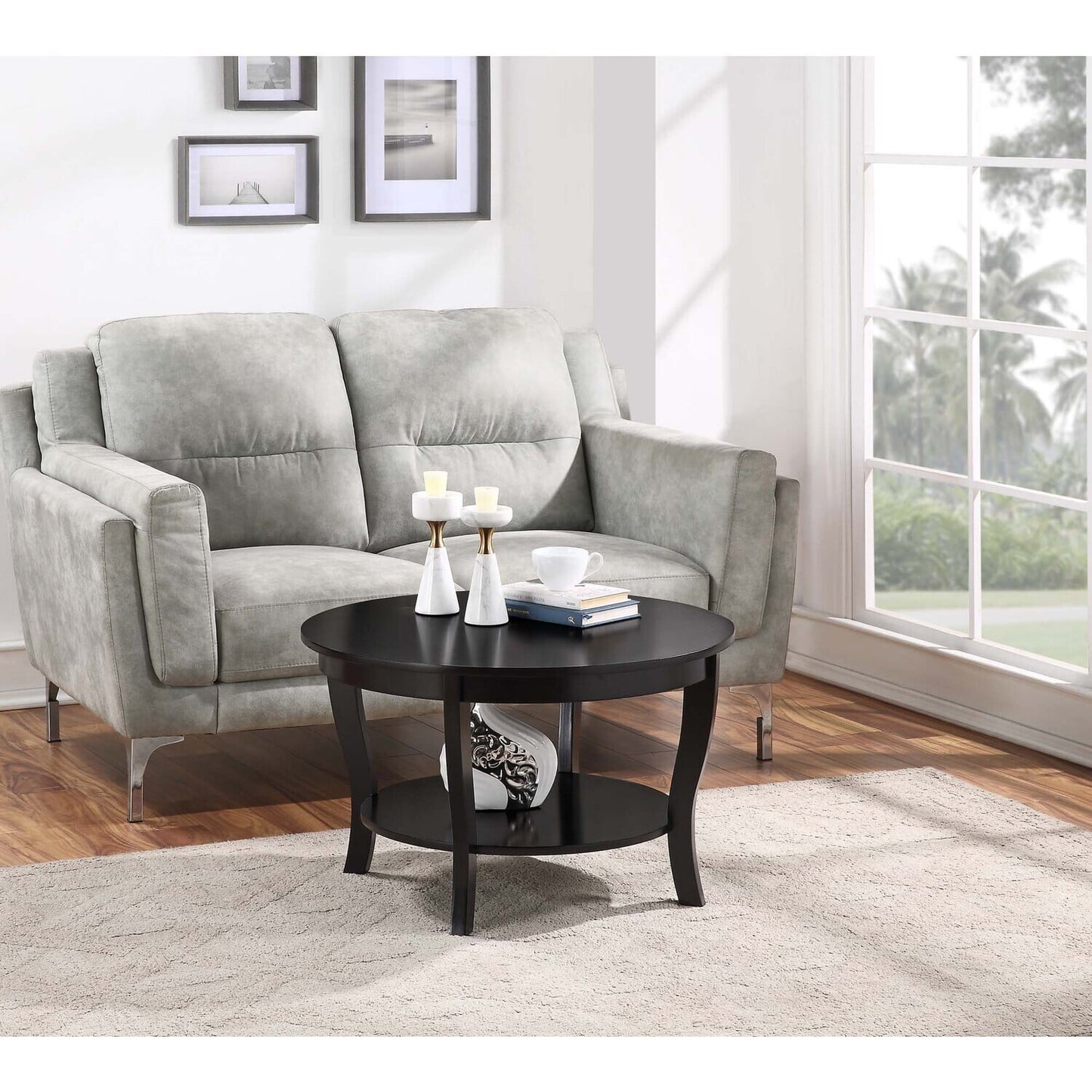 Convenience Concepts American Heritage Round Coffee Table with Shelf, Driftwood/White Wood Finish