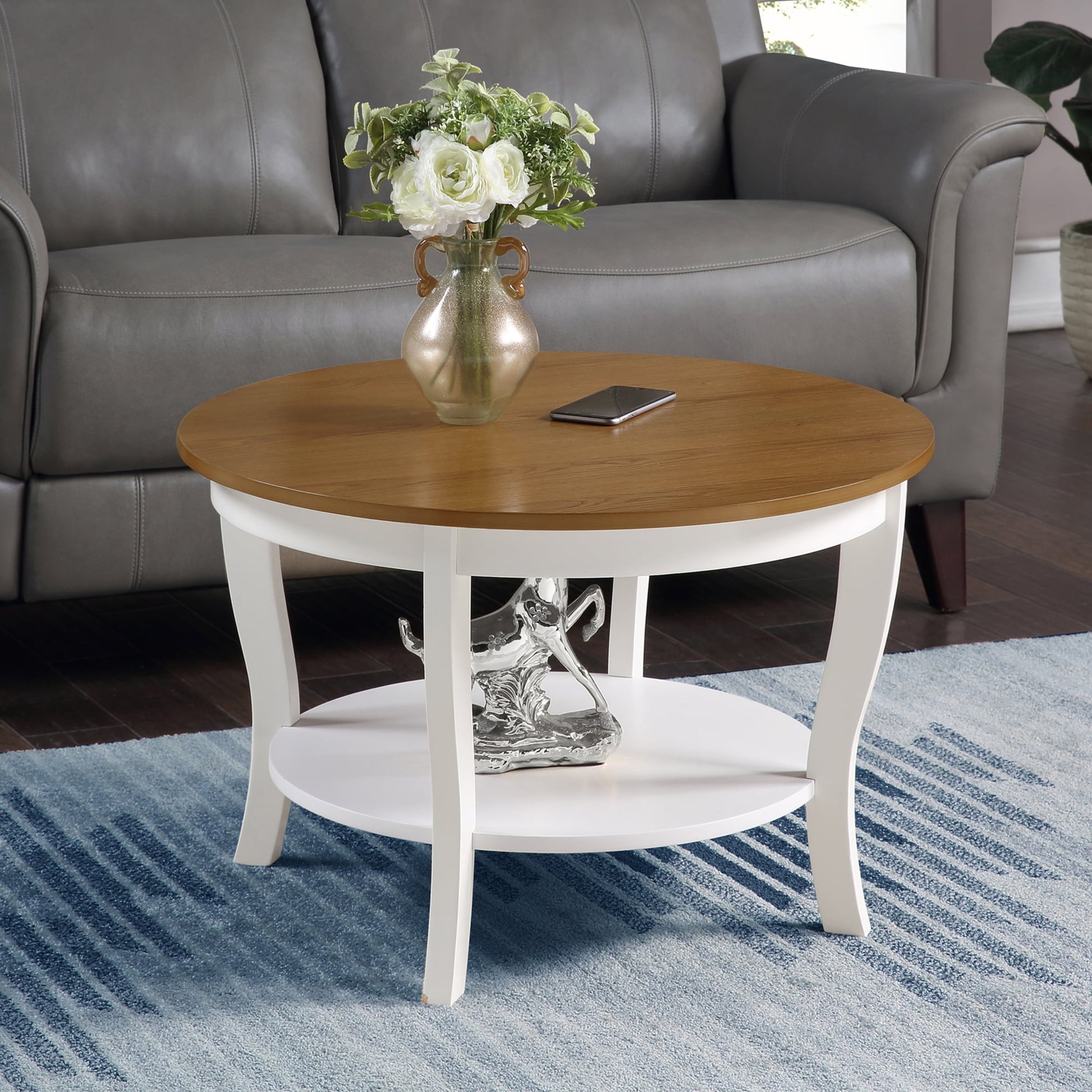 Convenience Concepts American Heritage Round Coffee Table with Shelf, Driftwood/White Wood Finish
