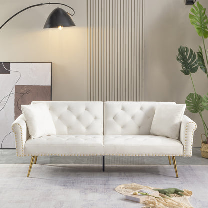 Convertible Futon Sofa Bed,Velvet Upholstered Nailhead Loveseat Sofa with Two Pillows,Modern Sleeper Couch Bed for Living Room,Bedroom,Green