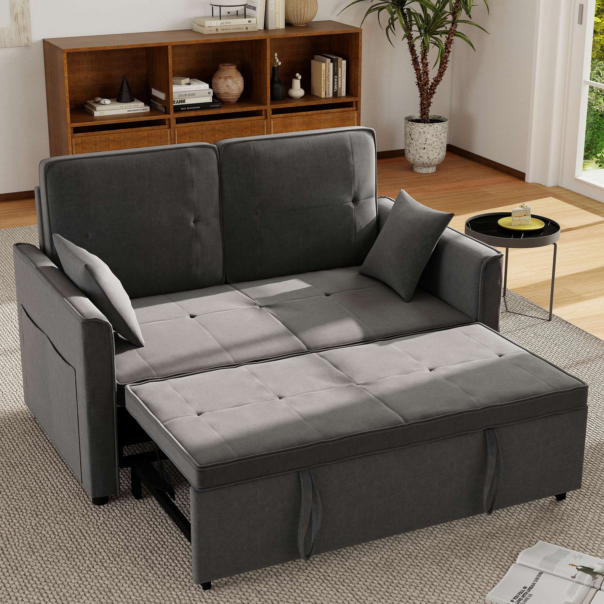 Convertible Sofa Bed,3-in-1 Sleeper Sofa with Pull Out Bed,Velvet Highly Elastic Sponge Futon Couch Loveseat with Adjustable Backrest and 2 Pillows for Living Room,Gray