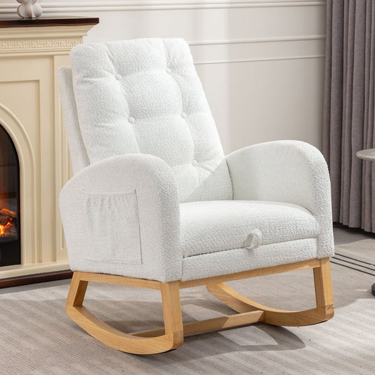 DEALTOPS Rocking Accent Chair with Footrest High Back Rubber Wood Legs for Bedroom Living Space-White