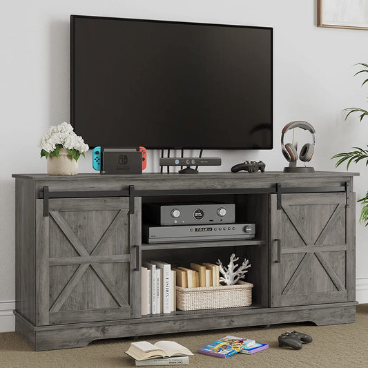 DEXTRUS Rustic TV Stand for 65 Inch TV, Entertainment Center with Sliding Barn Door, Wood TV Media Console for Living Room, Grey