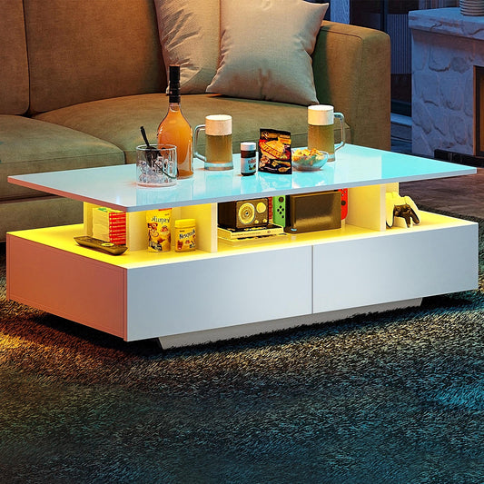 Dextrus Modern Coffee Table with Storage, High Glossy LED Center Tables for Living Room, White
