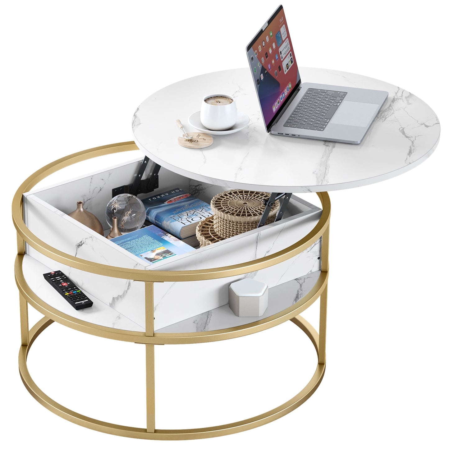 DEXTRUS Modern Lift-Top Round Coffee Table with Storage, Marble White, for Living Room & Office