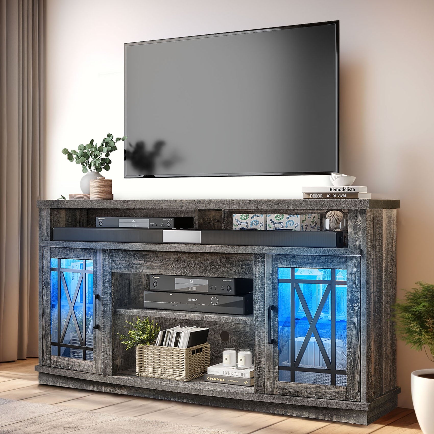 Dextrus TV Stand with LED Lights for TVs up to 70", Entertainment Center Media Console Cabinet with Glass Door, Rustic Gray