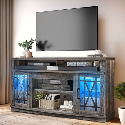 Dextrus TV Stand with LED Lights for TVs up to 70", Entertainment Center Media Console Cabinet with Glass Door, Rustic Gray