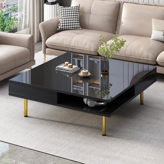 EUROCO 2-Tier Coffee Table High Gloss Square Center Table with 4 Golden Legs, 2 Drawers and 2 Shelves for Living Room, 33.4"×33.4",Black