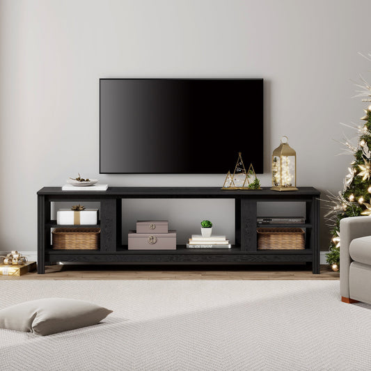 FITUEYES 70" Farmhouse TV Stand for 65 70 75 Inch TV, Wood Entertainment Center with 5 Open Compartments for Living Room Bedroom, Black