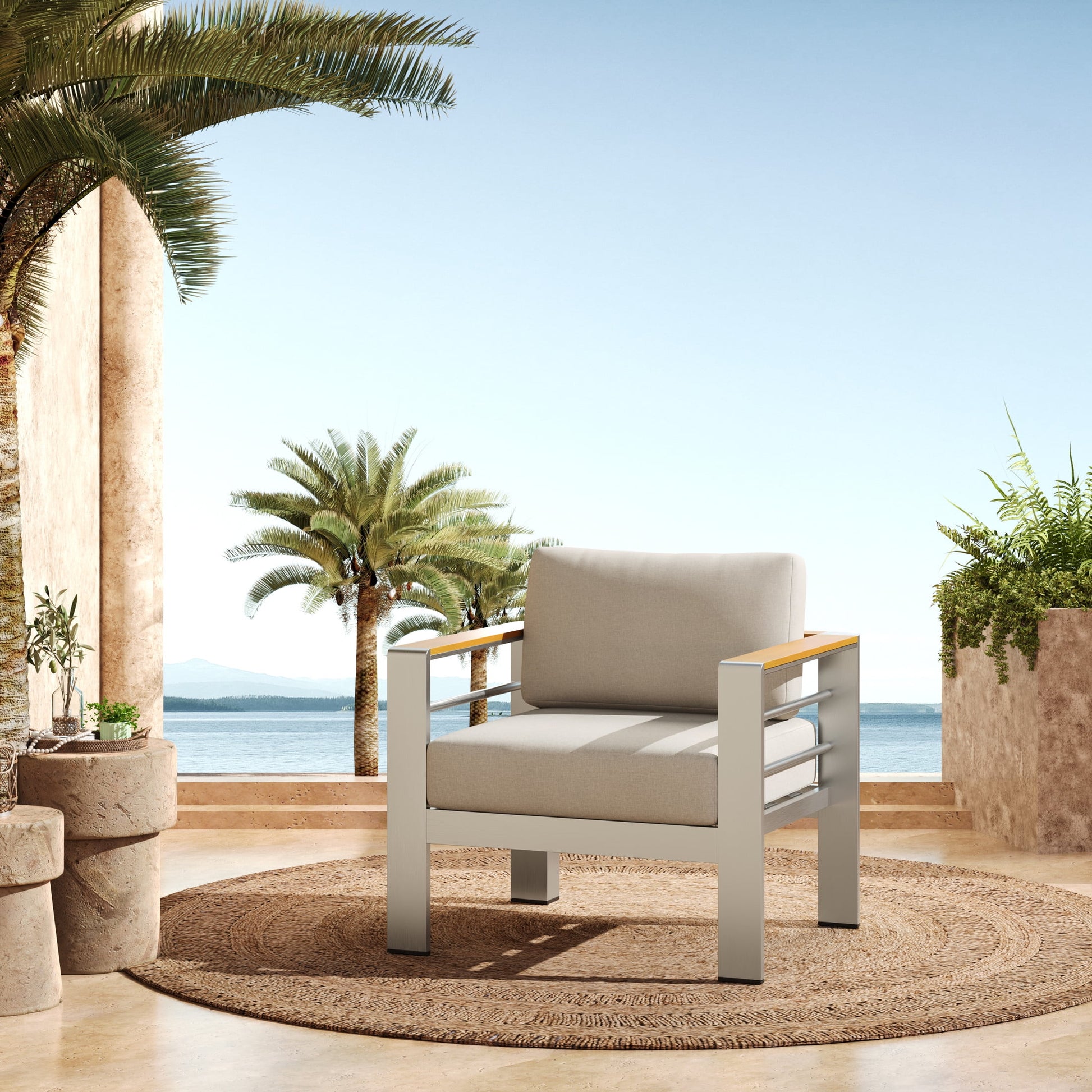Fallon Outdoor Patio Aluminum Club Chair with Cushions, Beige