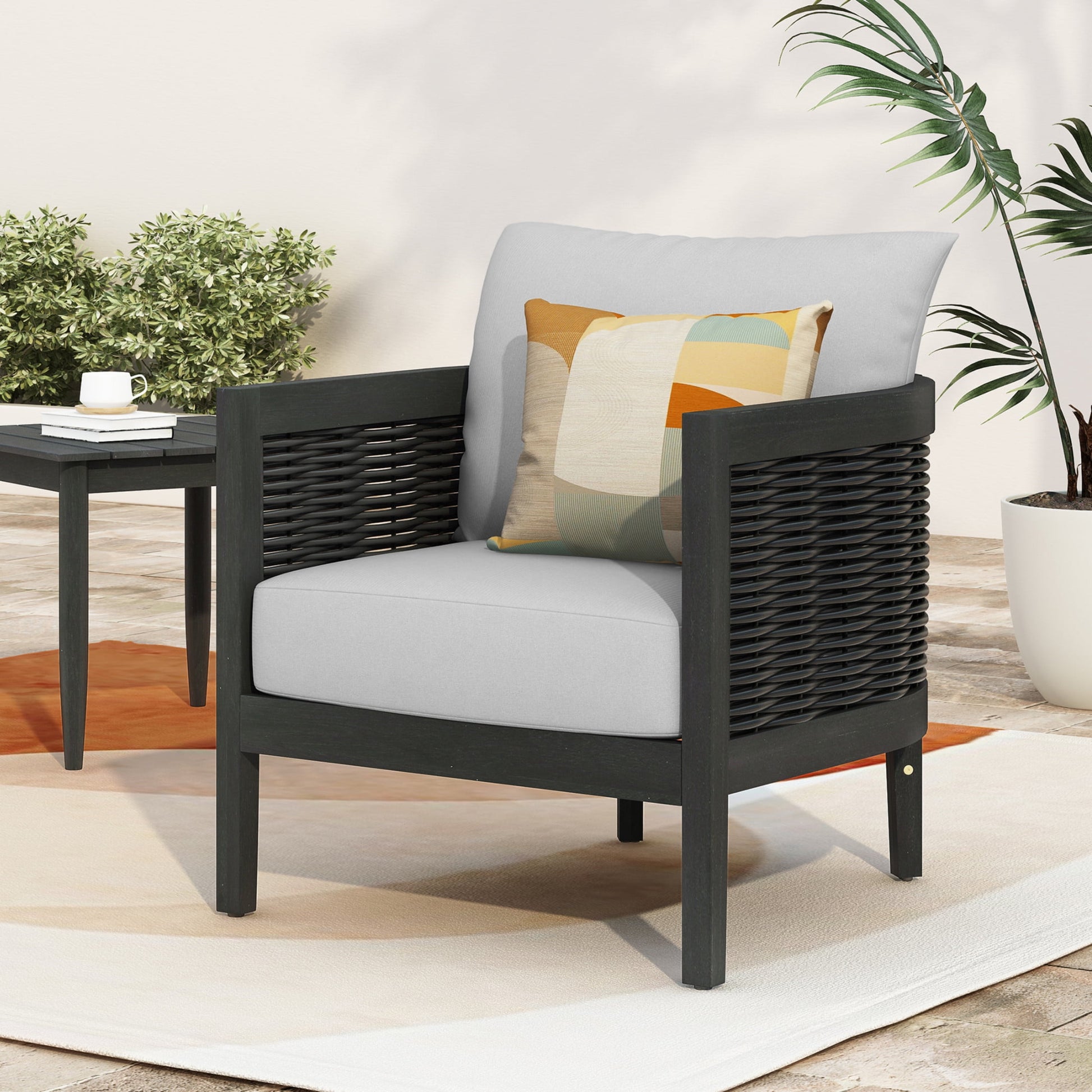 Felix Outdoor Patio Club Chair, Acacia Wood Wicker Armchair with Cushions, Black+Light Grey