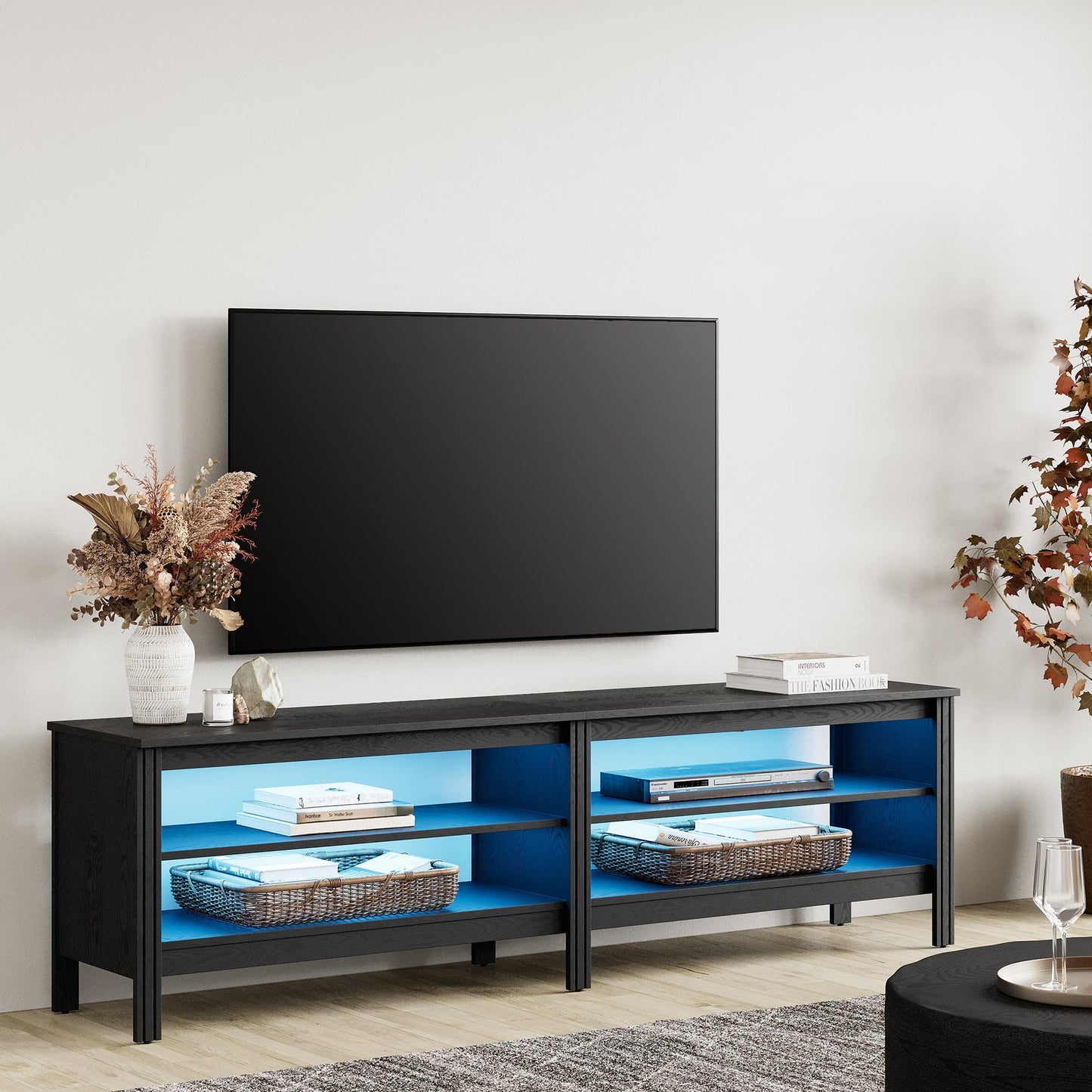 Fitueyes 70" TV Stands for TVs Up to 75 Inch, Media Console with Open Shelves & LED Light for Living Room, black