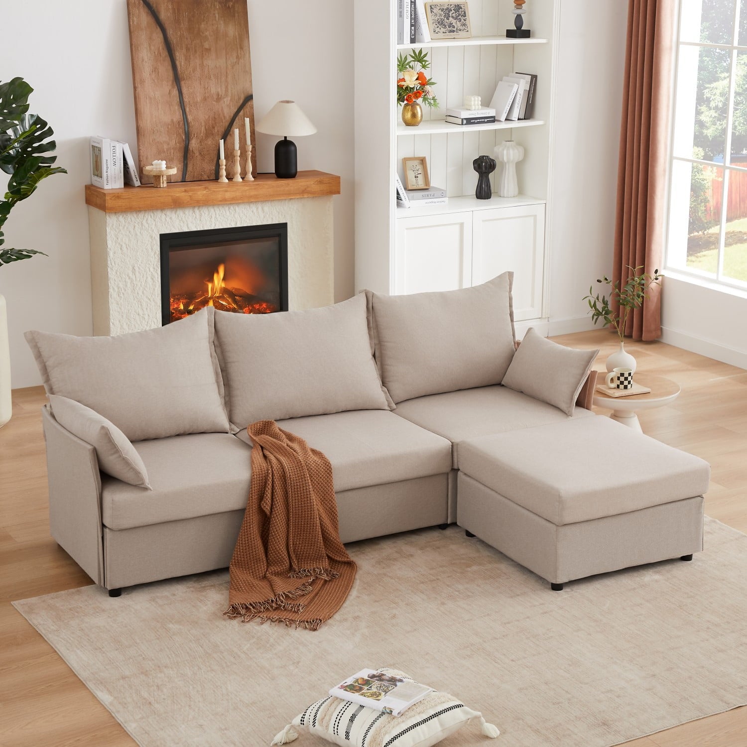 Gewnee 93.7” Modular Sectional Deep Seat Sofa with Ottoman & Chaise, L-Shaped 3-Seat Couch for Living Room