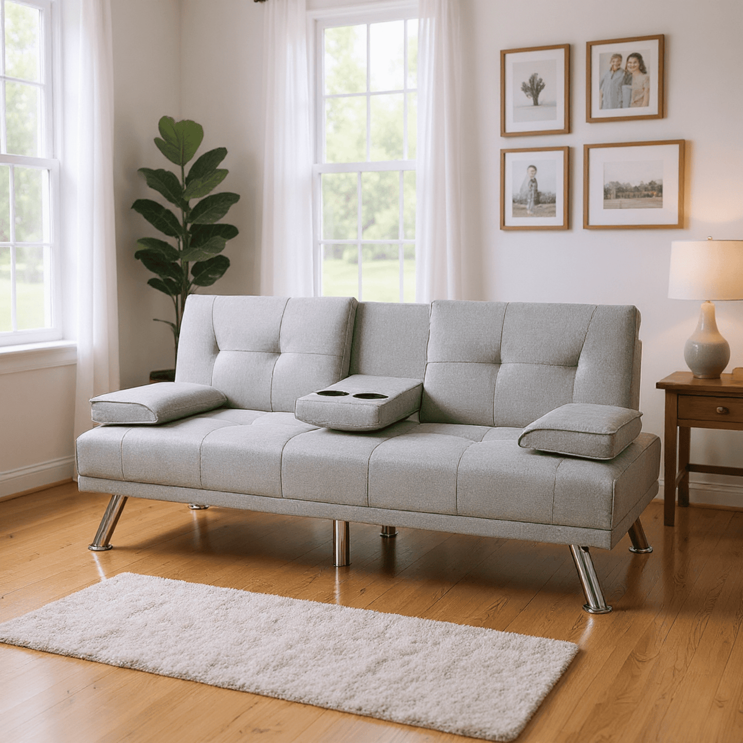 Gewnee 66.3” Futon Sofa Bed Couch Modern Convertible Folding Sleeper with 2 Cup Holders for Compact Living Space,Apartment,Dorm(Light Grey)