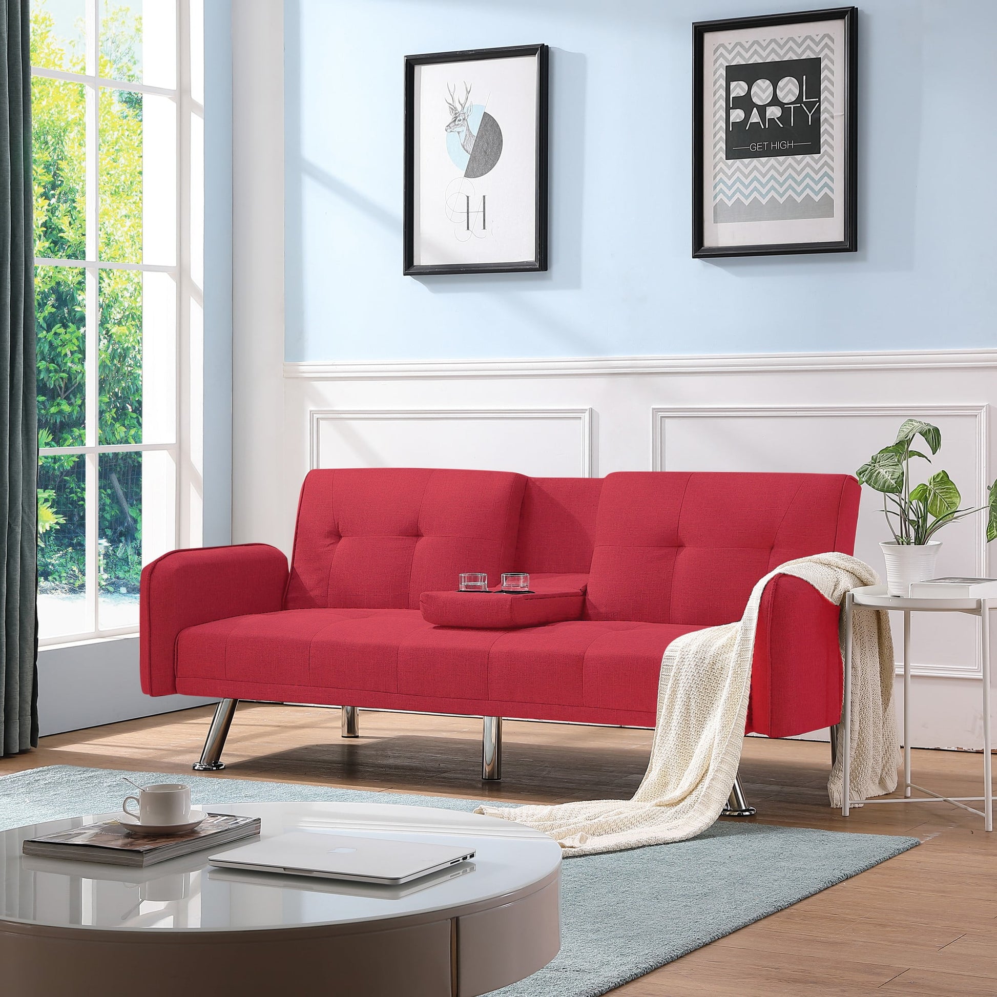 Gewnee 74.4” Futon Sleeper Sofa Bed with 3-Angle Adjustable Backrest, Dark Grey Linen Upholstery, Twin Sleeper with Cup Holders for Home, Office, Guest Room(Red）