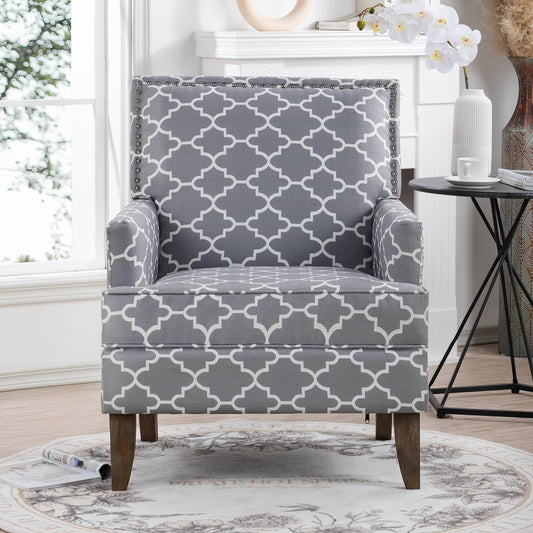 Gewnee Mid Century Armchair,Floral Print Accent Chair with Solid Wood Legs For Living Room,Gray