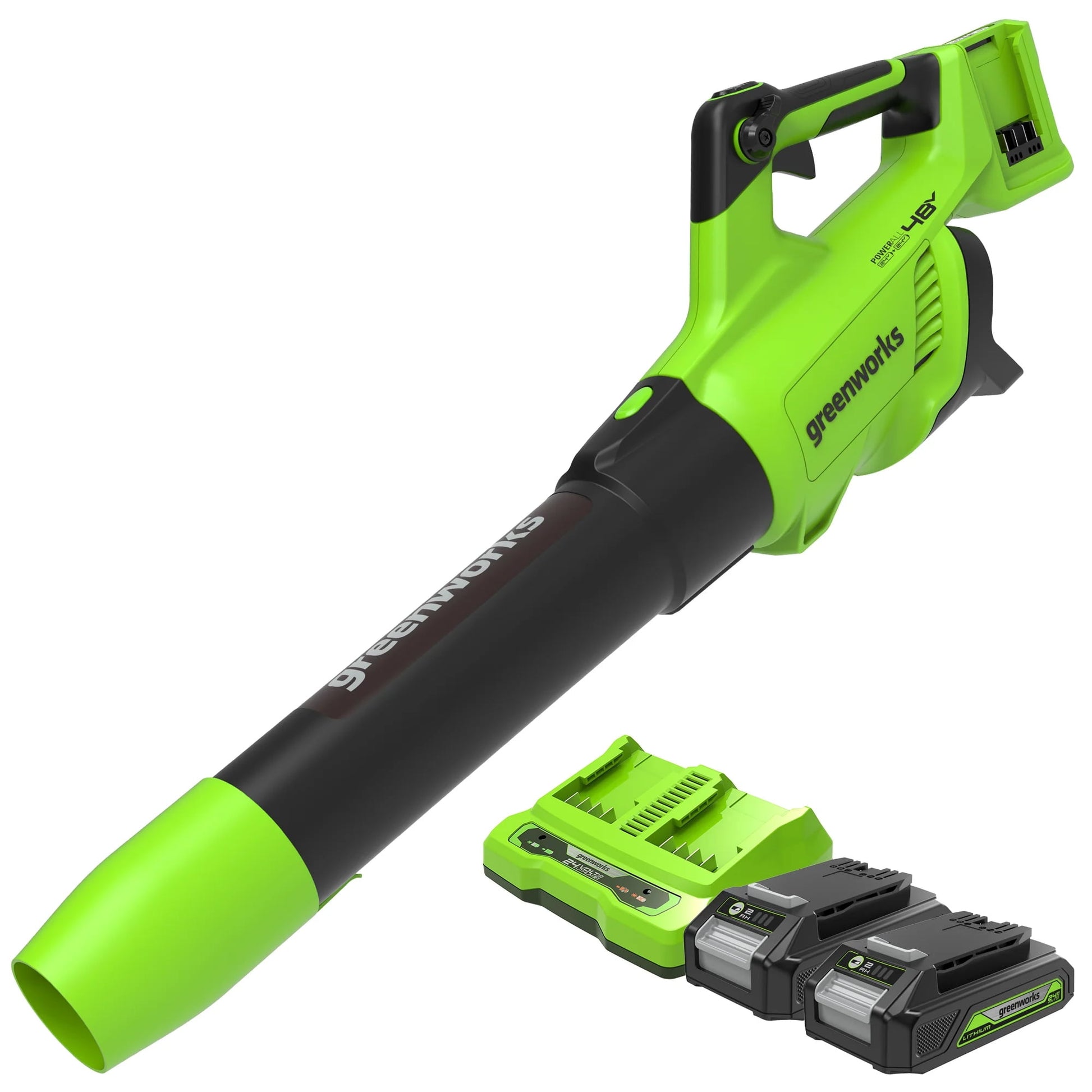 Greenworks 48V Brushless 515​CFM 125MPH Leaf Blower + 2 (24V) 2.0Ah Batteries & 4A Dual Port Charger