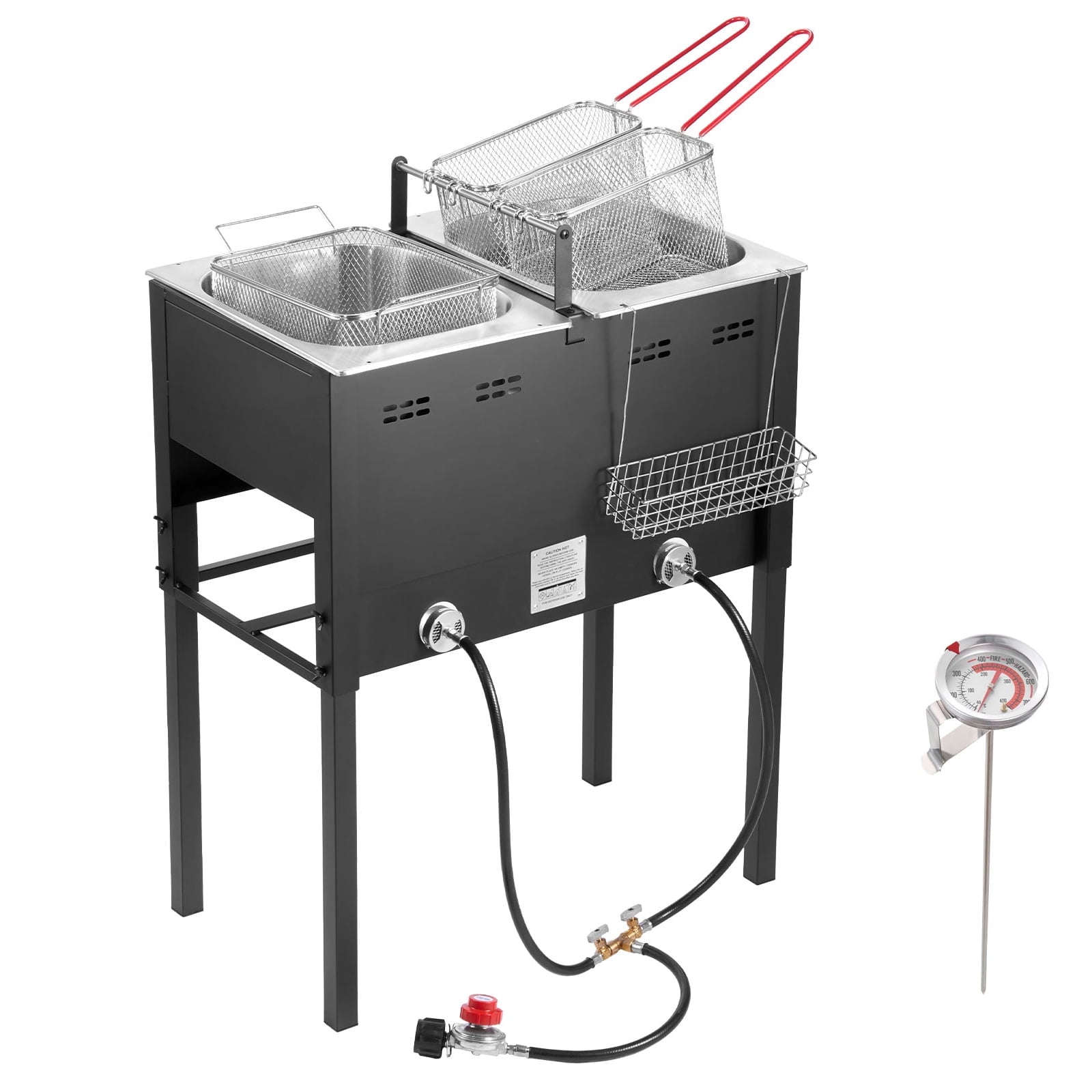 KFFKFF Outdoor Propane Deep Fryer, Dual-Tank 16QT x 2 Large Capacity Stainless Steel Fryer with 3 Baskets, Thermometer, Floor-Standing Design for Events, Camping, and Catering, 50,000 BTU