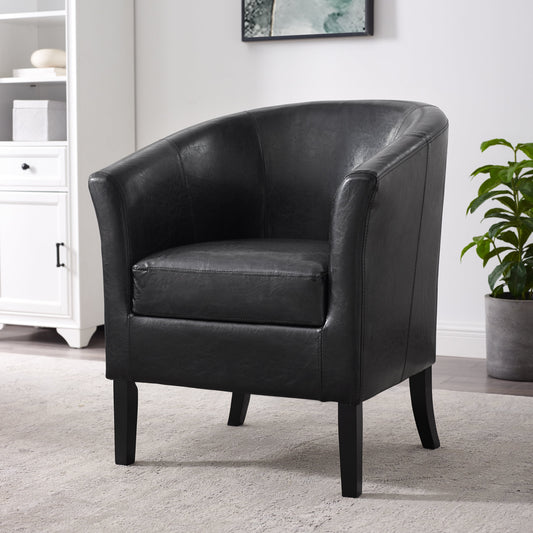 Linon Simon Upholstered Club Chair High Arms Deep Seat in Black Faux Leather
