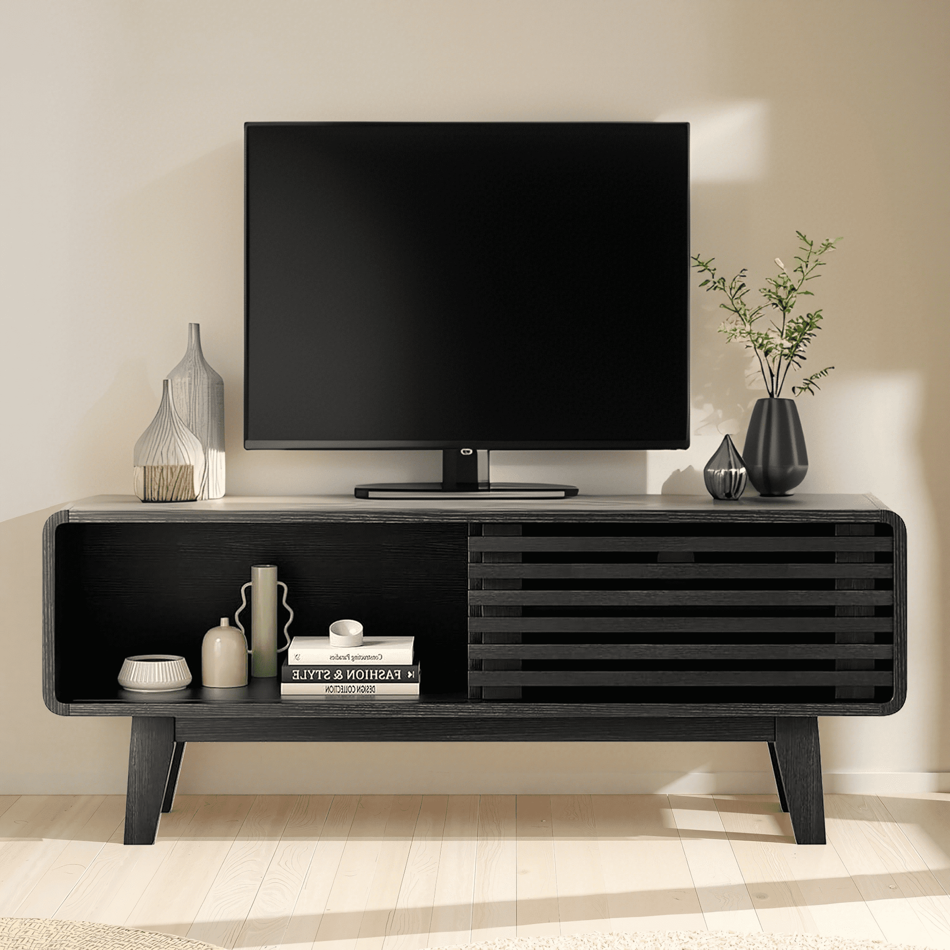MAYEERTY Black Mid Century Modern TV Stand, 59" TV Console with Storage for Living Room & Apartments