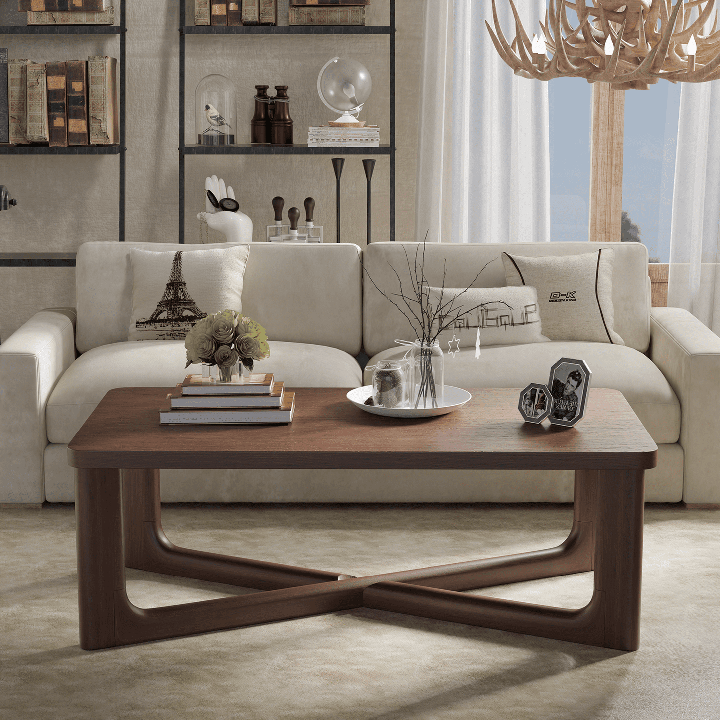 MAYEERTY Modern Collection Mid-Century Style Wood Coffee Table with L+X-Shaped Structure, Walnut