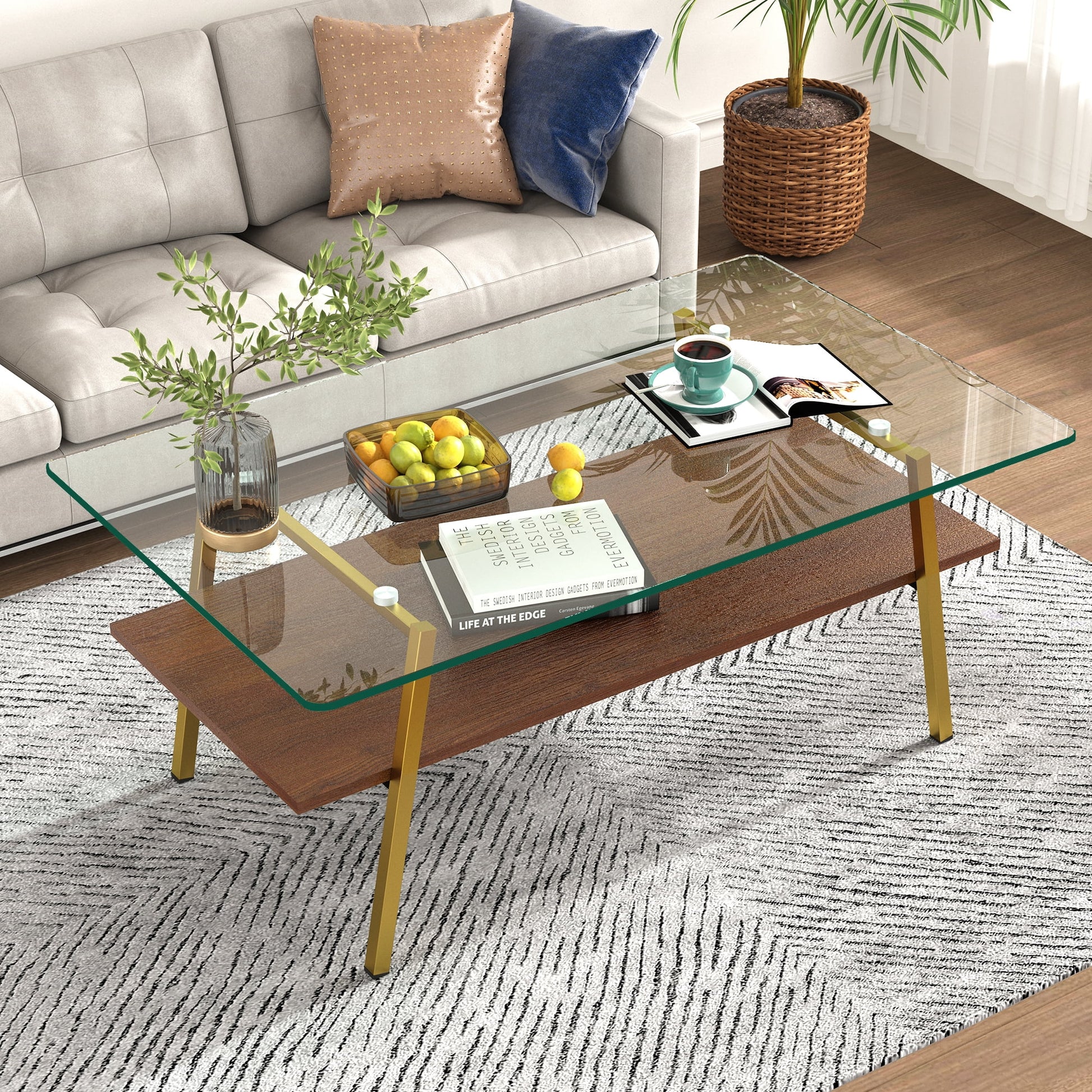Miniyam 38" Modern Glass Coffee Table with Storage Shelf for Living Room, Clear&Gold