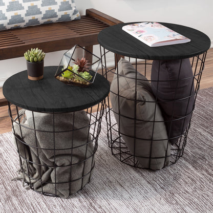 Nesting Side Tables With Storage - Set of 2 Gray Basket End Tables With Wooden Tops by Lav