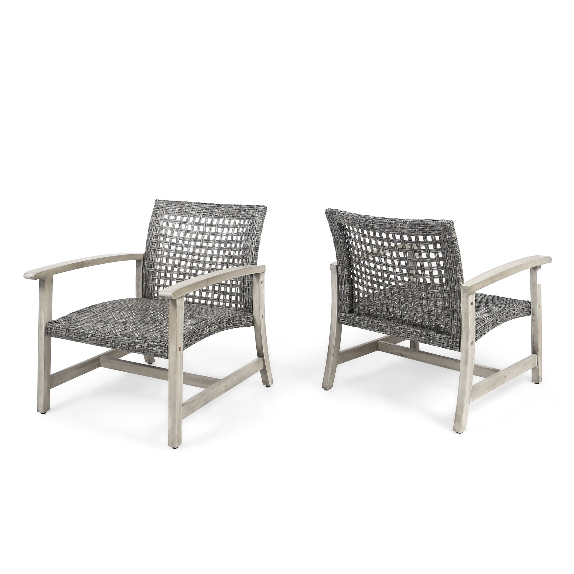 Noble House Camdyn Antique Polyethylene Wicker Outdoor Acacia Wood Club Chair Gray (Set of 2)