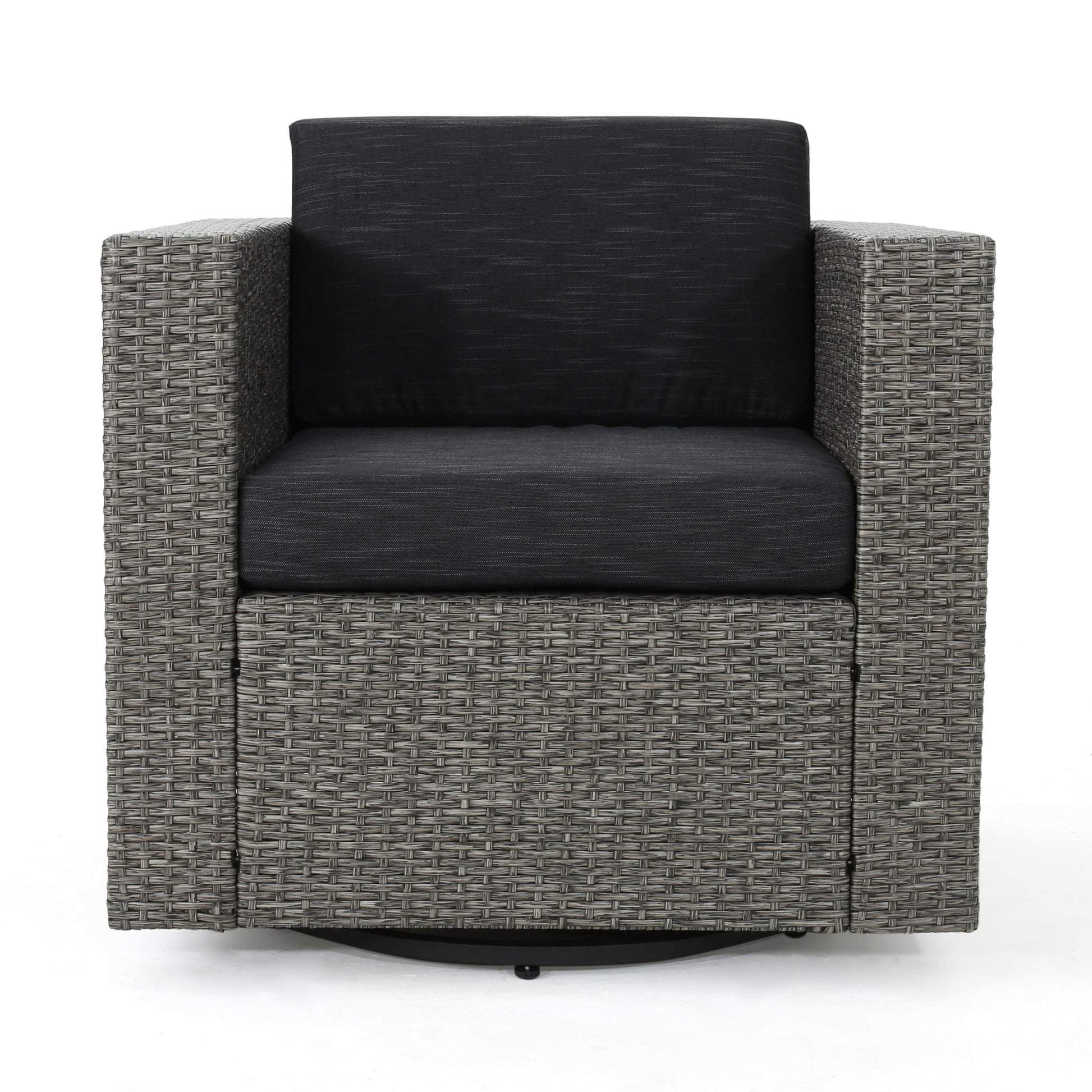Noble House Puerta Mixed Black Wicker Swivel Chair with Dark Grey Cushion