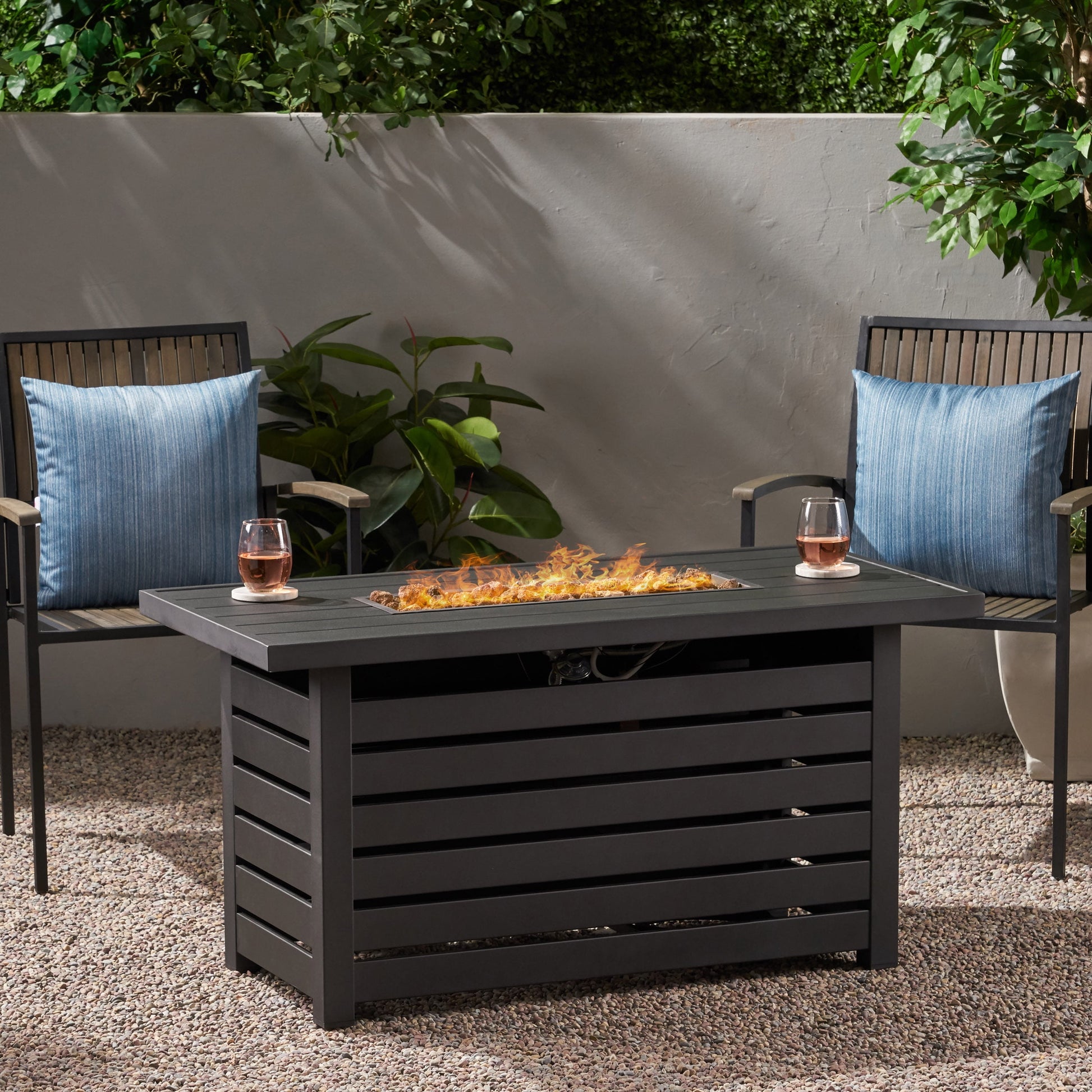 Noble House Rene Outdoor Rectangular Iron Fire Pit in Matte Black