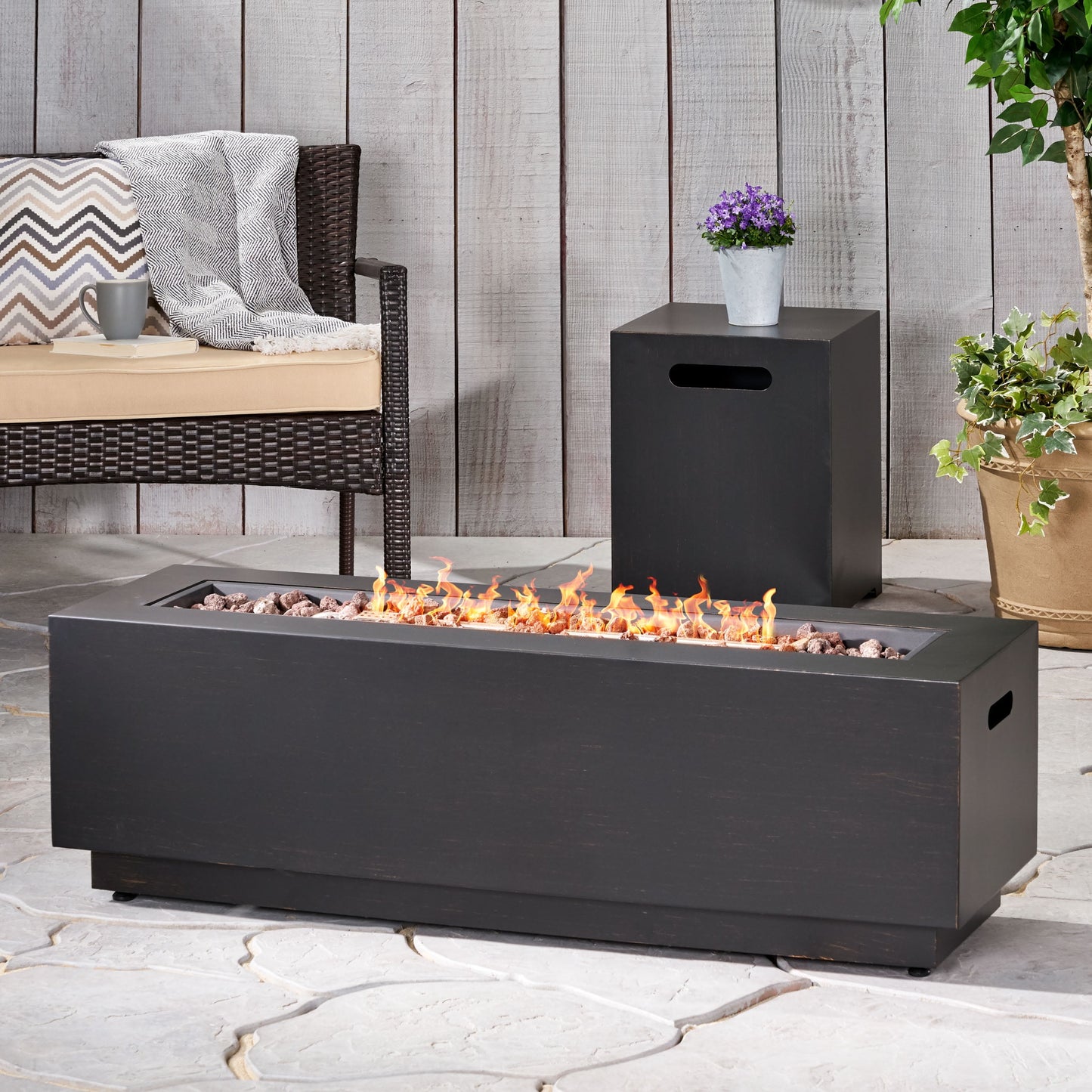 Noble House Wellington Rectangular Fire Pit with Tank Holder in Brushed Brown
