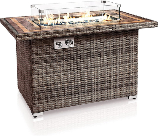 Outdoor Propane Fire Pit Table- 50,000 BTU Auto-Ignition Gas Fire Pit w/ Glass Wind Guard, Black Tempered Glass Tabletop & Clear Glass Rock for Outdoor Cooking & Grilling - SLFPTIL49