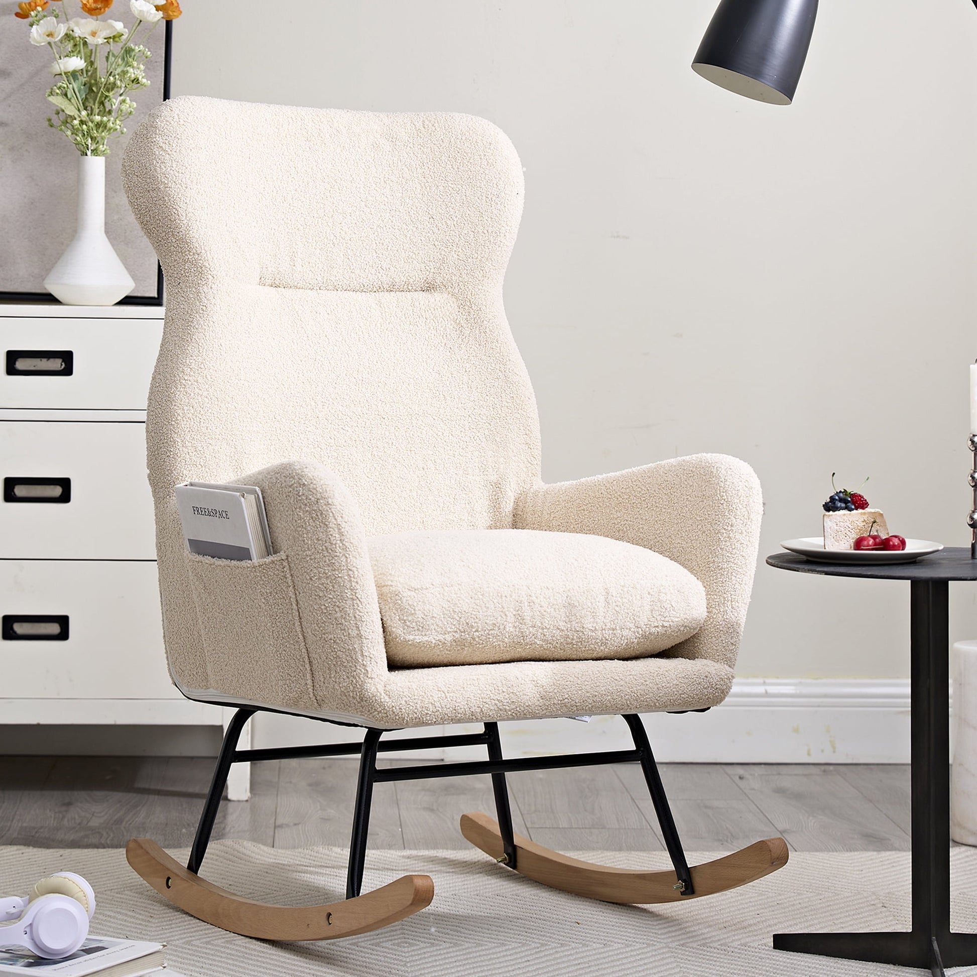 PORKISS Modern Rocking Chair, Upholstered Teddy Fabric Accent Chairs with High Backrest, Glider Rocker Comfortable Armchair with Padded Seat for Living Room Bedroom Playroom, Beige