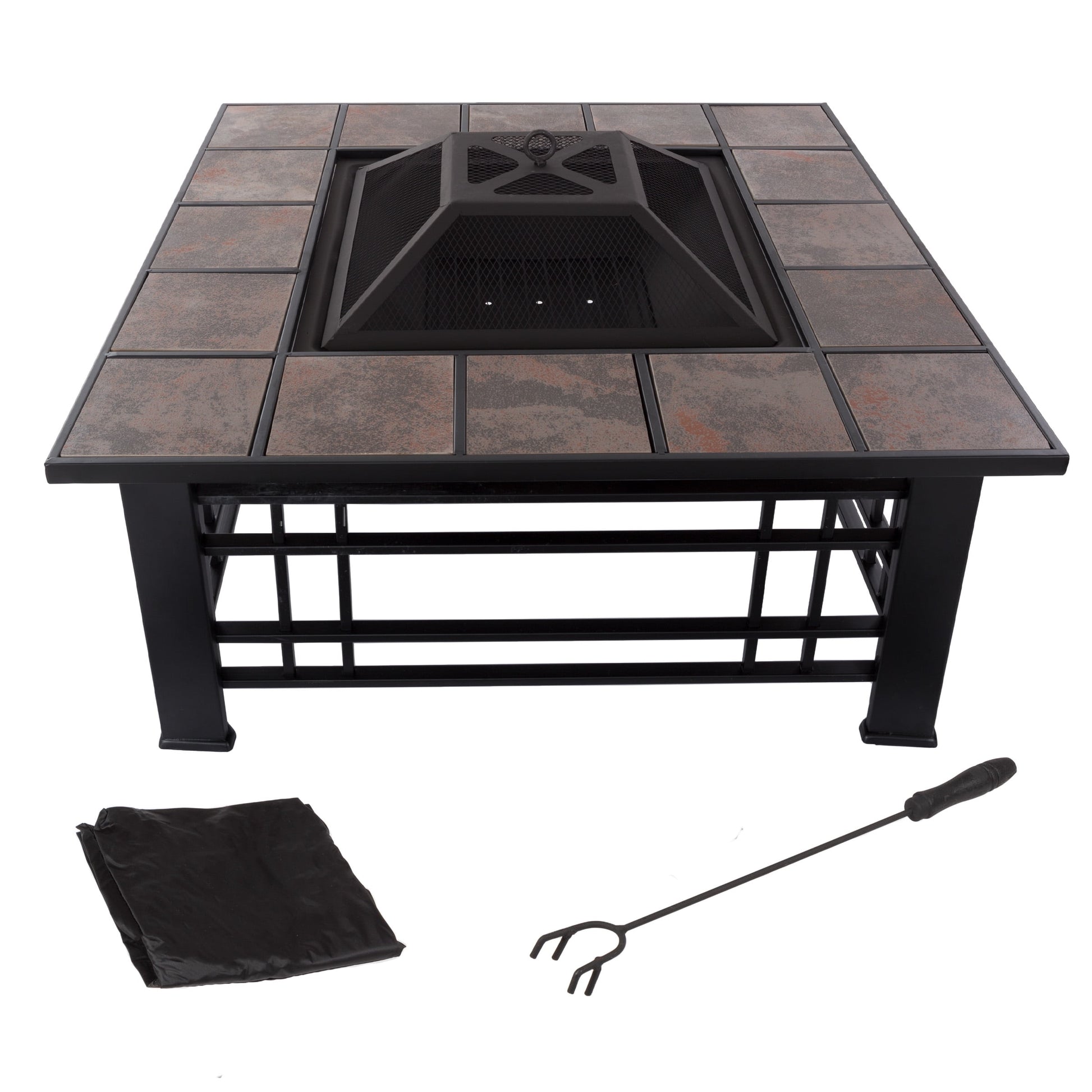 Pure Garden 32-Inch Outdoor Fire Pit with Screen, Cover, and Poker (Black)