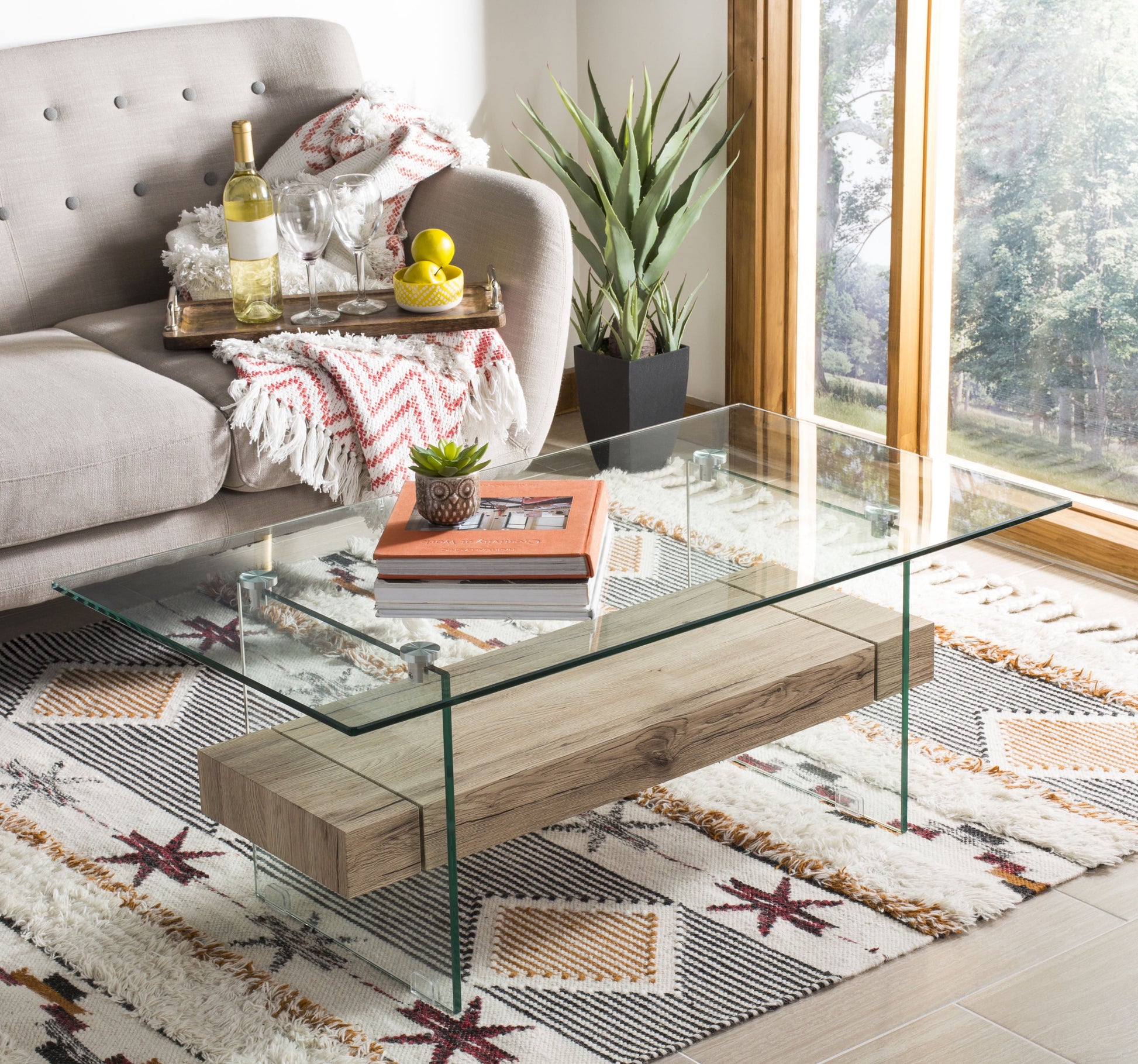 SAFAVIEH Kayley Rectangular Modern Glass Coffee Table, Natural