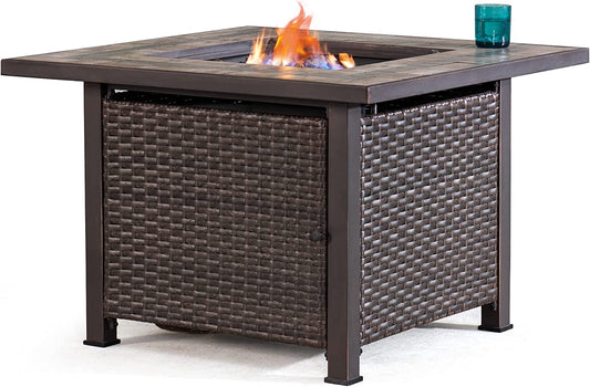 Sunjoy Lynch Square Ceramic tile top with all-weather wicker Propane Powered Firepit
